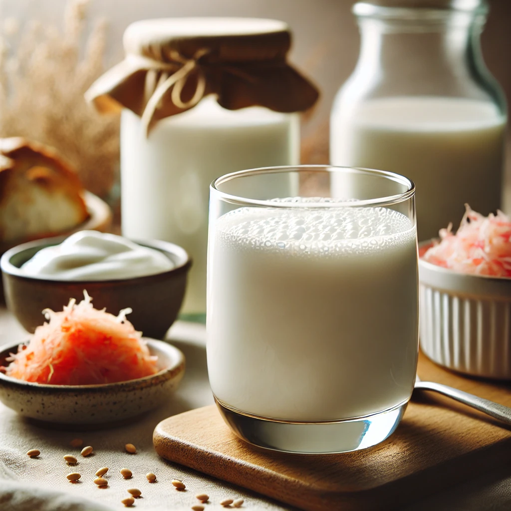 A close-up of a glass of creamy kefir milk surrounded by probiotic-rich foods like yogurt, sauerkraut, and kimchi, emphasizing the health benefits of probiotics for gut health.