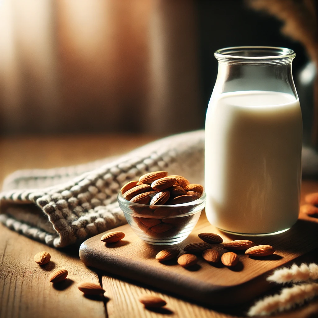 A glass of almond milk placed on a wooden table with a small pile of almonds, highlighted by soft, warm lighting to emphasize the natural and healthy qualities of almond milk.