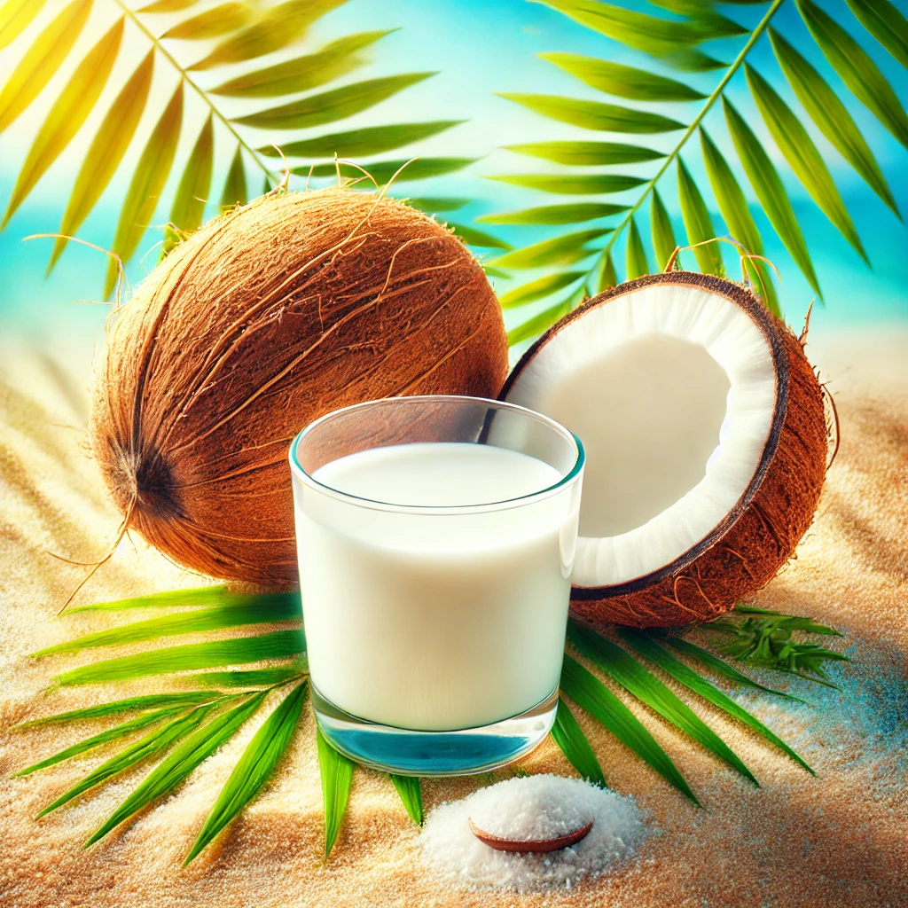 A tropical-themed image featuring a glass of coconut milk next to a cracked coconut and palm leaves, set against a bright and vibrant background to convey freshness and the benefits of coconut milk.