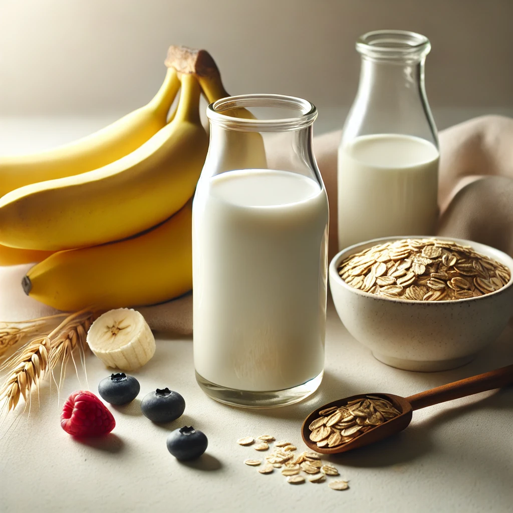 A calming image of a glass of lactose-free milk surrounded by digestive-friendly foods like bananas, oats, and berries, on a minimalist light background, symbolizing comfort and relief for lactose-sensitive individuals.