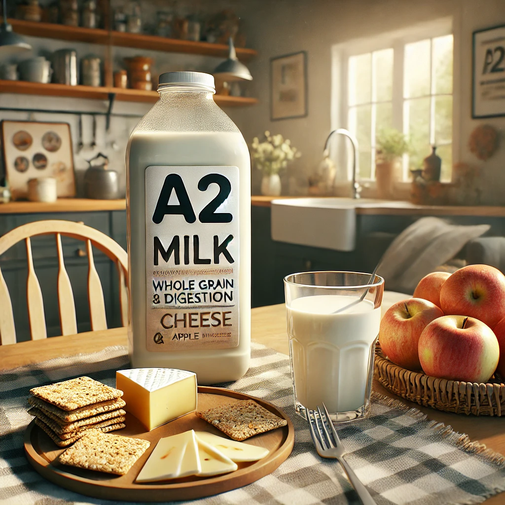 A family-friendly scene with a jug of A2 milk on a kitchen table, accompanied by healthy snacks such as whole grain crackers, cheese, and apple slices, illustrating the ease of digestion and family-friendly nature of A2 milk.