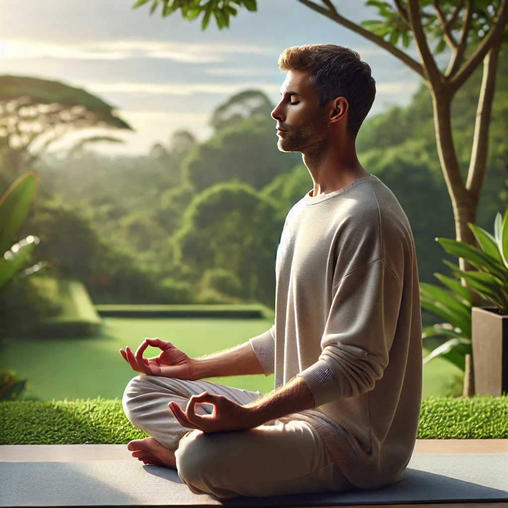 Person practicing deep breathing exercises for stress management.