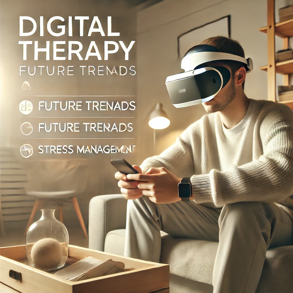 Person using digital therapy and virtual reality for stress management.