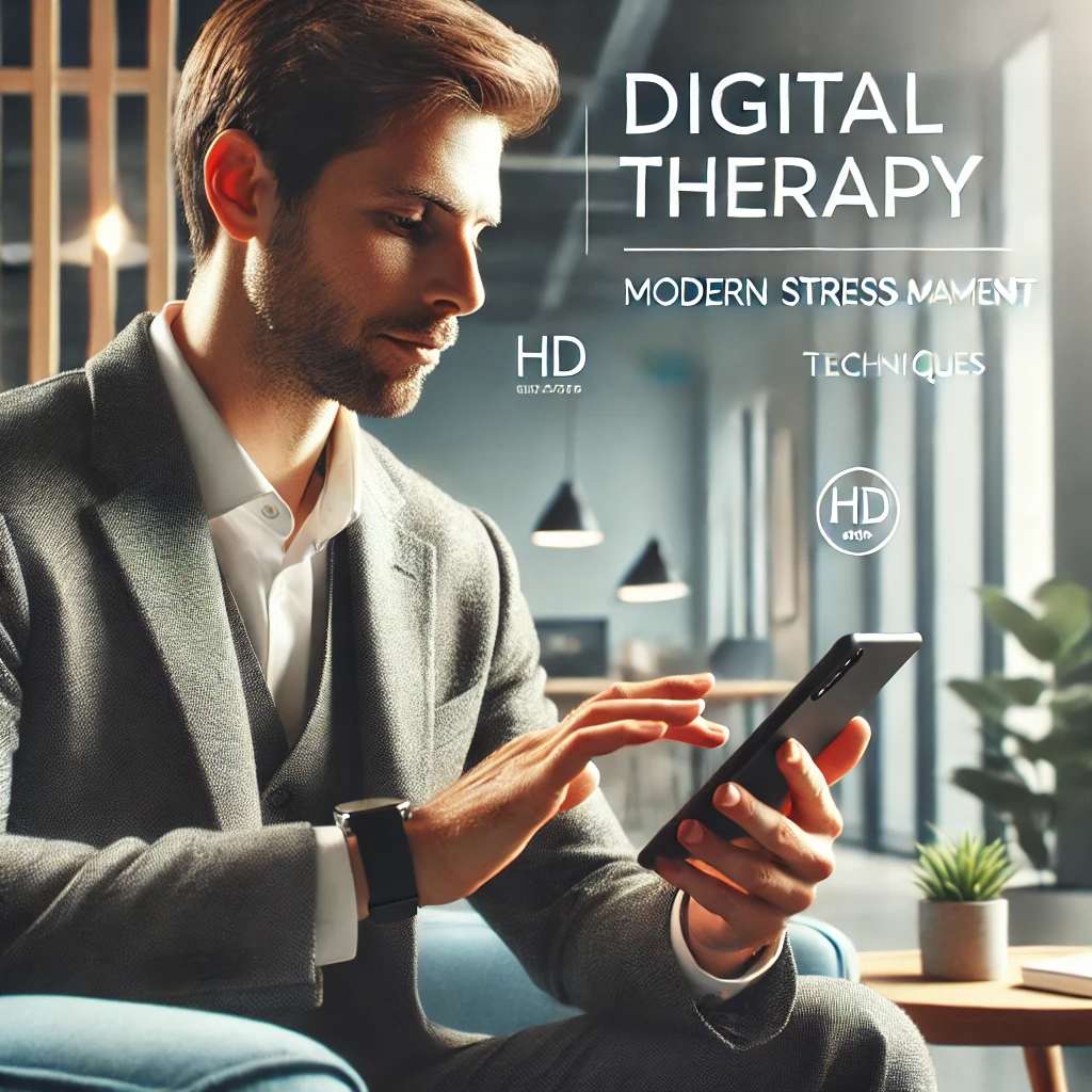 Employee using digital therapy for stress in the workplace.