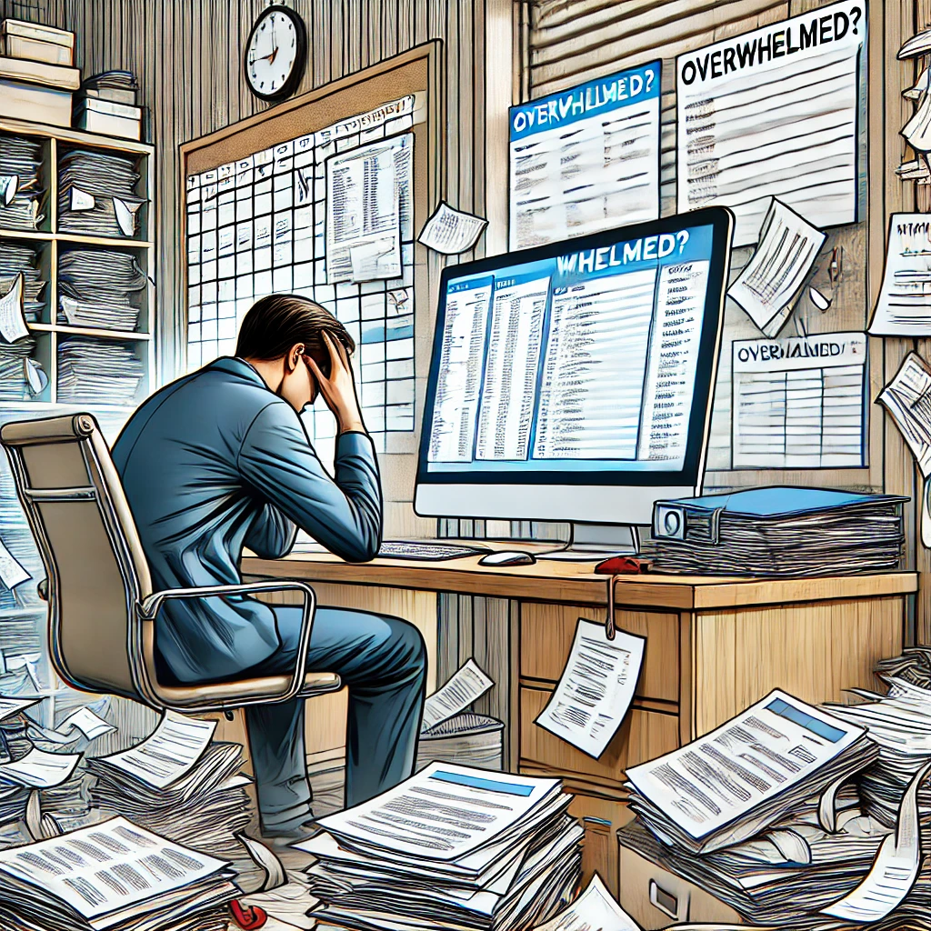 Employee experiencing high workload stress in the workplace.