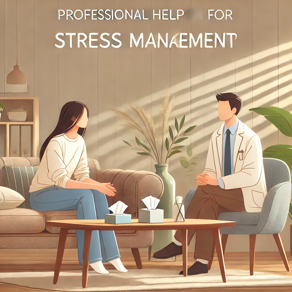 Person seeking professional help from a therapist for stress management.