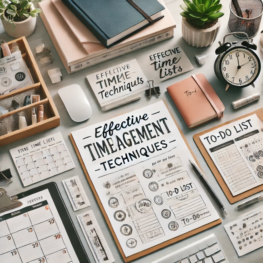 Desk with planners and calendars illustrating time management for stress relief.