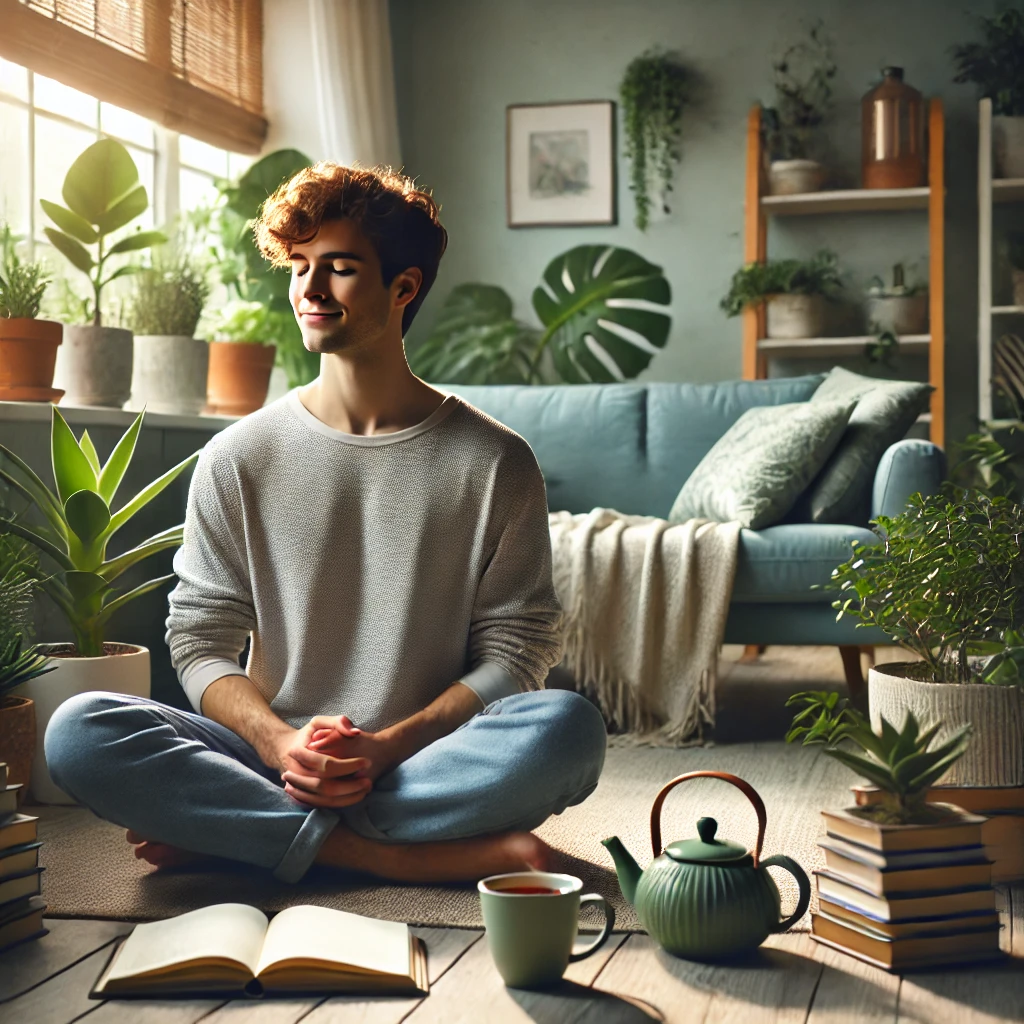 Person practicing self-care for mental health, sitting in a peaceful environment with plants, books, and a cup of tea, appearing relaxed and content.