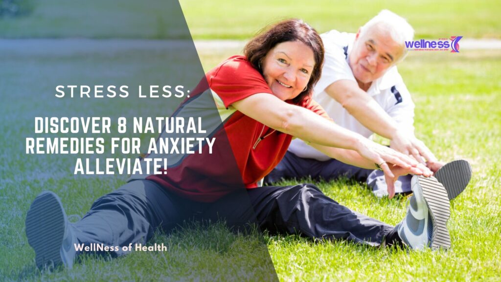 Image of a smiling mature couple exercising outdoors, with text promoting 8 natural remedies for anxiety and reducing stress.