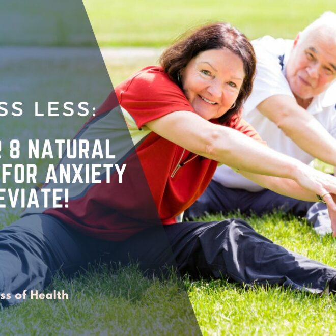 Image of a smiling mature couple exercising outdoors, with text promoting 8 natural remedies for anxiety and reducing stress.