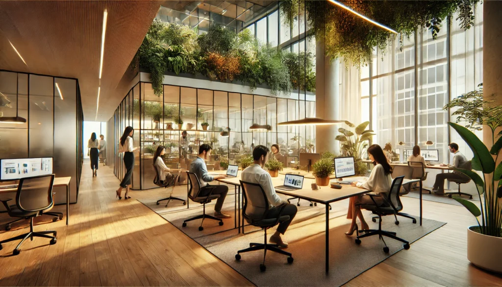 A modern office with natural light, plants, and employees collaborating in an open space, symbolizing a balanced and thriving living workplace