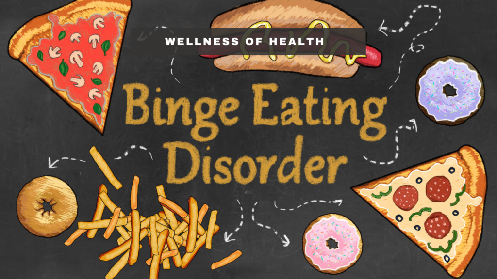 Illustrated food items including pizza, fries, donuts, and a hot dog, with a text overlay about binge eating disorder.